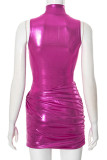 Rose Red Sexy Solid Color Patchwork Ruched Turtleneck Wrapped Skirt Dresses