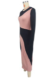 Pink Casual Patchwork Slit Contrast O Neck Long Sleeve Dresses