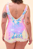 Pink Sexy Sequins Buttons Patchwork V Neck Skinny Bodysuits