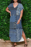 White Blue Casual Print Pocket Patchwork Slit V Neck Printed Dresses