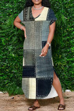 White Blue Casual Print Pocket Patchwork Slit V Neck Printed Dresses