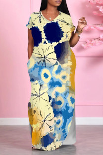 Beige Casual Floral Print Pocket Slit Contrast V Neck Printed Dresses
