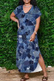 White Blue Casual Print Pocket Patchwork Slit V Neck Printed Dresses