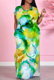 Red Casual Print Pocket Patchwork Slit O Neck Straight Dresses
