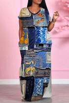 Blue Casual Print Pocket Patchwork Slit V Neck Printed Dresses