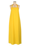 White Casual Daily Solid Color Draw String Lace Up Backless Halter Sleeveless Dresses