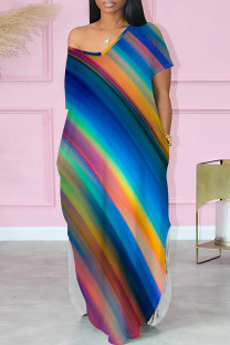 Blue Purple Casual Print Pocket Patchwork Slit V Neck Straight Dresses