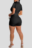Black Casual Solid Color Buttons Patchwork Strap Design V Neck Regular Rompers