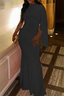 Black Elegant Solid Color Patchwork O Neck Long Dresses