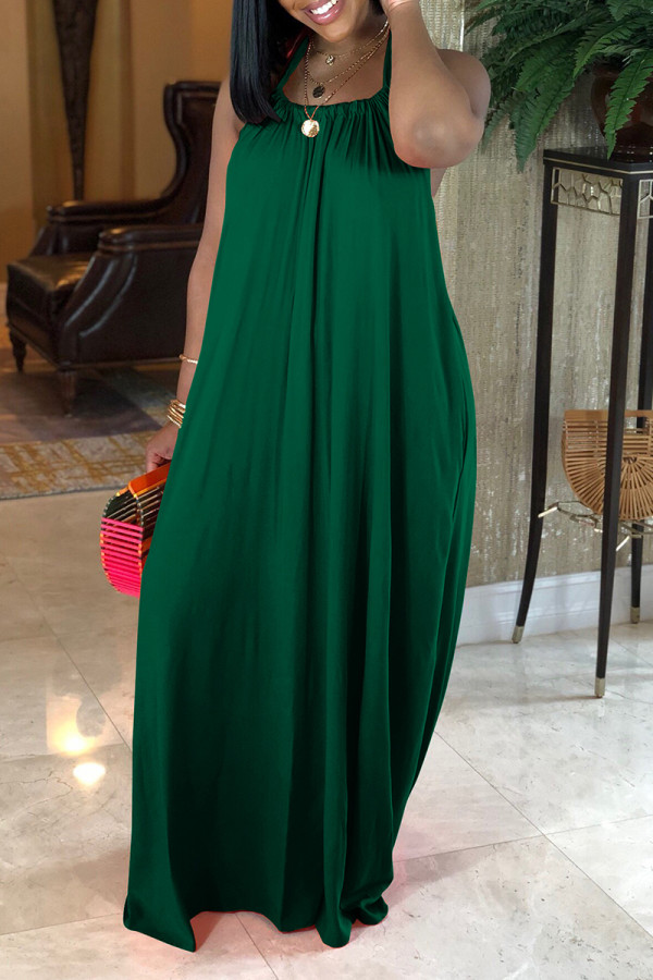 Green Casual Daily Solid Color Draw String Lace Up Backless Halter Sleeveless Dresses