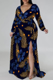 Blue Black Casual Floral Print Lace Up Slit V Neck Printed Plus Size Dresses