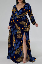 Blue Black Casual Floral Print Lace Up Slit V Neck Printed Plus Size Dresses