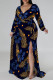 Blue Black Casual Floral Print Lace Up Slit V Neck Printed Plus Size Dresses
