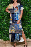 White Blue Casual Print Pocket Patchwork Slit V Neck Printed Dresses