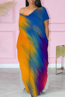 Orange Blue Casual Print Pocket Patchwork Slit V Neck Straight Dresses