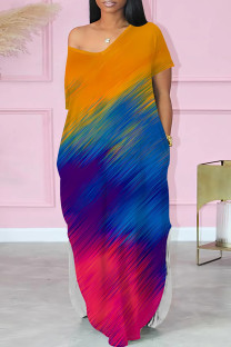 Rose Red Blue Casual Print Pocket Patchwork Slit V Neck Straight Dresses