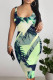 Green Sexy Geometric Print Floral Print Contrast U Neck Printed Dresses