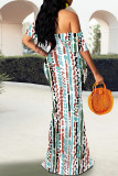 Black Pink Elegant Geometric Print Striped Print Contrast Off Shoulder One Step Skirt Dresses