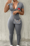 Grey Street Print Patchwork Zipper Zipper Collar Skinny Jumpsuits