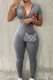 Grey Street Print Patchwork Zipper Zipper Collar Skinny Jumpsuits