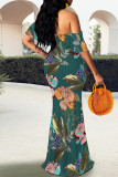 Black Elegant Floral Print Contrast Off Shoulder One Step Skirt Dresses