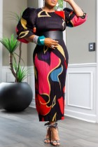 Black Red Casual Print Basic O Neck Long Dresses (Without Belt)