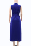 Blue Elegant Solid Color Pocket Buckle Patchwork Turndown Collar Long Dresses