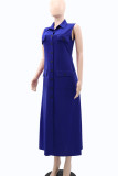 Blue Elegant Solid Color Pocket Buckle Patchwork Turndown Collar Long Dresses