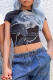 Black Sexy Print Patchwork Backless O Neck T-Shirts