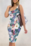 Green Sexy Geometric Print Floral Print Contrast U Neck Printed Dresses