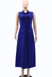 Blue Elegant Solid Color Pocket Buckle Patchwork Turndown Collar Long Dresses