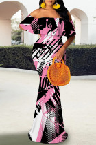Black Pink Elegant Geometric Print Striped Print Contrast Off Shoulder One Step Skirt Dresses