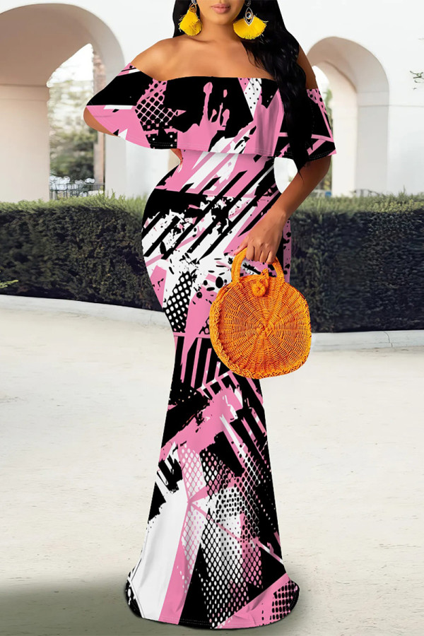 Black Pink Elegant Geometric Print Striped Print Contrast Off Shoulder One Step Skirt Dresses