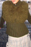 Army Green Street Solid Color Fringed Trim Patchwork Zipper Zipper Collar Outerwear