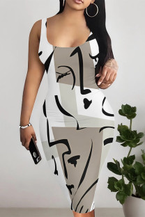 White Sexy Geometric Print Floral Print Contrast U Neck Printed Dresses