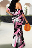 Black Pink Elegant Geometric Print Striped Print Contrast Off Shoulder One Step Skirt Dresses