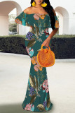 Black Elegant Floral Print Contrast Off Shoulder One Step Skirt Dresses