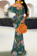 Green Elegant Floral Print Contrast Off Shoulder One Step Skirt Dresses
