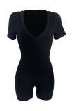 Black Sexy Solid Color Patchwork V Neck Skinny Rompers