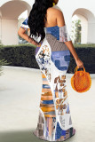 Black Pink Elegant Geometric Print Striped Print Contrast Off Shoulder One Step Skirt Dresses