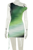 Green Sexy Gradient Color Patchwork Backless Ruched Strap Design Oblique Collar Wrapped Skirt Dresses