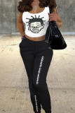 White Black Casual Print Pocket Lace Up Patchwork U Neck Sleeveless Two Pieces
