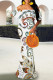 White Elegant Geometric Print Striped Print Contrast Off Shoulder One Step Skirt Dresses