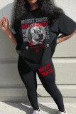 Black Casual Print Patchwork O Neck Short Sleeve Two Pieces