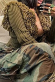Army Green Street Solid Color Fringed Trim Patchwork Zipper Zipper Collar Outerwear