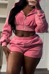 Pink Casual Solid Color Pocket Patchwork Zipper Hooded Long Sleeve Two Pieces
