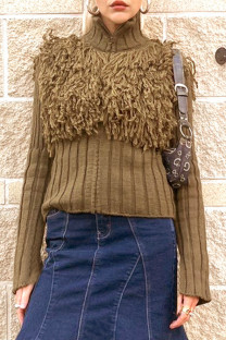 Brown Street Solid Color Fringed Trim Patchwork Zipper Zipper Collar Outerwear