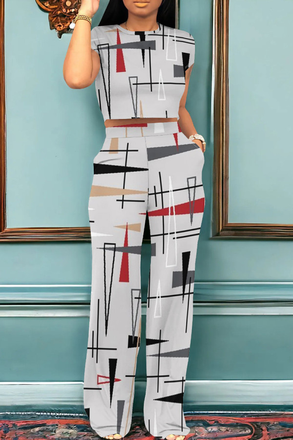 Grey Casual Geometric Print Pocket Patchwork O Neck Short Sleeve Two Pieces