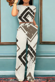Grey Casual Geometric Print Pocket Patchwork O Neck Short Sleeve Two Pieces