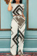 White Khaki Casual Geometric Print Pocket Patchwork O Neck Short Sleeve Two Pieces